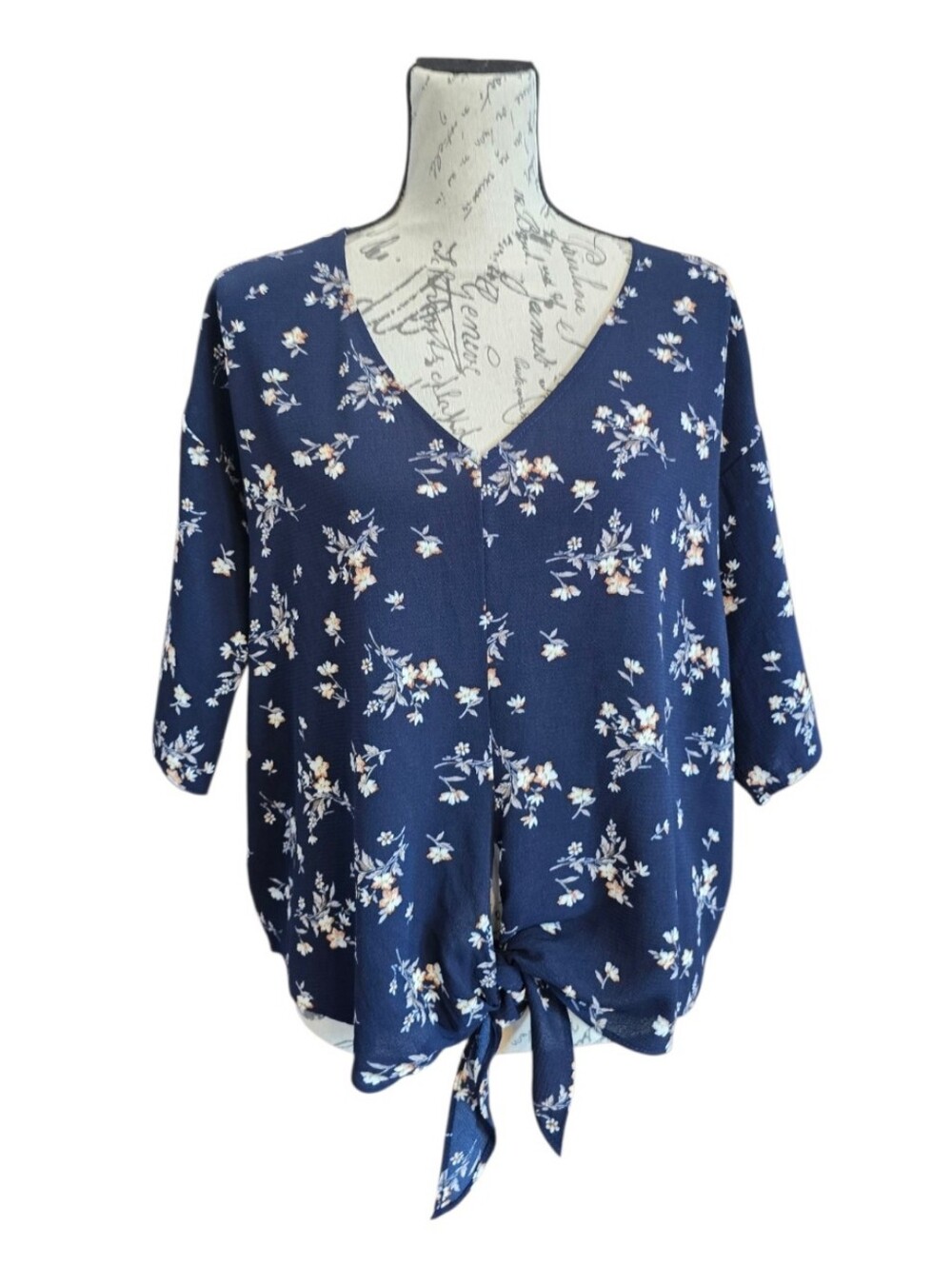 Everly Navy Blue Floral Pullover Short Sleeve Blouse L